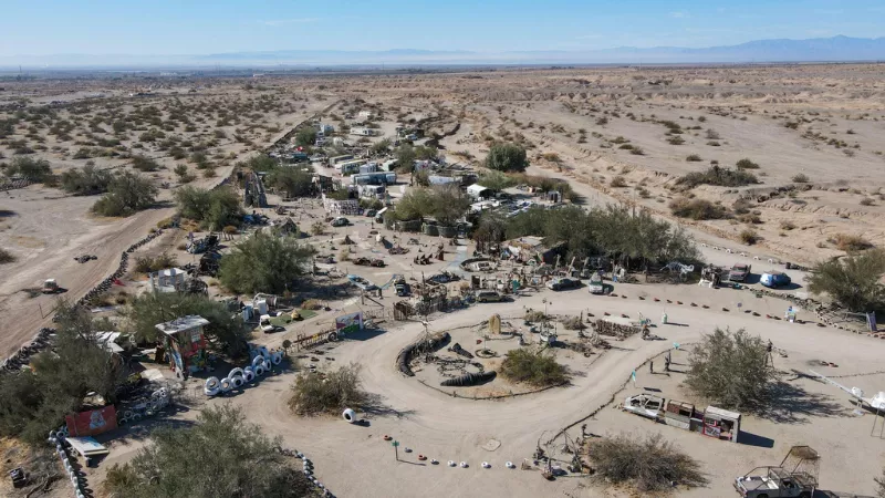 Aerial view of Slab City California desert settlement