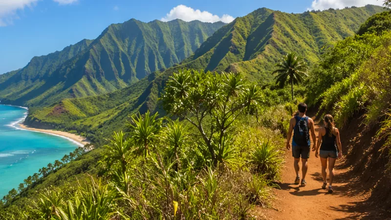 Beautiful coastal hike in Oahu with mountain landscape and ocean scenery