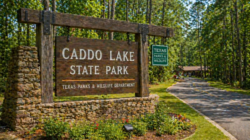 caddo lake state park east texas entrance sign forest park scenic view