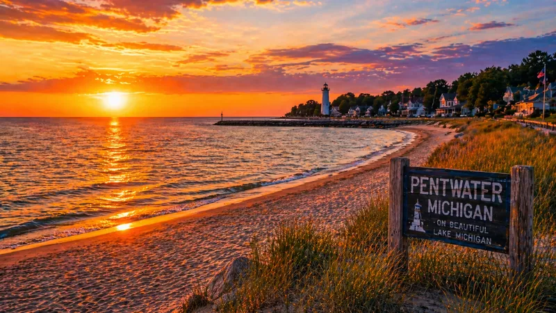 lake michigan sunset pentwater mi beach golden sky water view