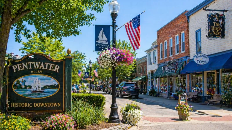 downtown pentwater michigan shops street view small town charm