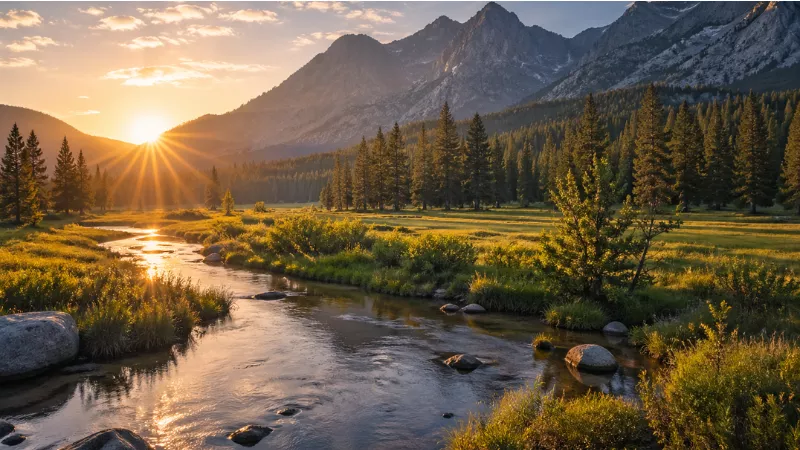 Zumwalt Meadow at sunrise with river reflection and mountains in Kings Canyon National Park
