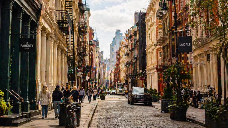 SoHo NYC street with cast iron buildings cobblestone road cafes and people walking in New York City