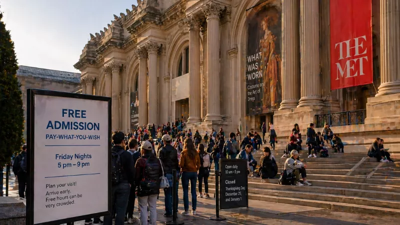 People entering New York City museum with historic building exterior and crowd during free entry hours