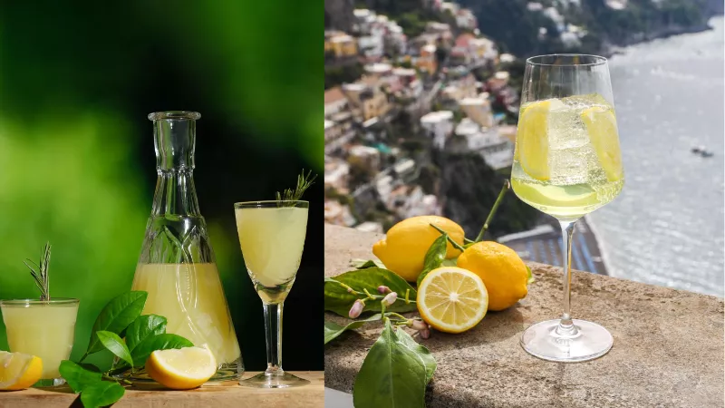 Amalfi Coast lemon drinks and limoncello with scenic coastal view