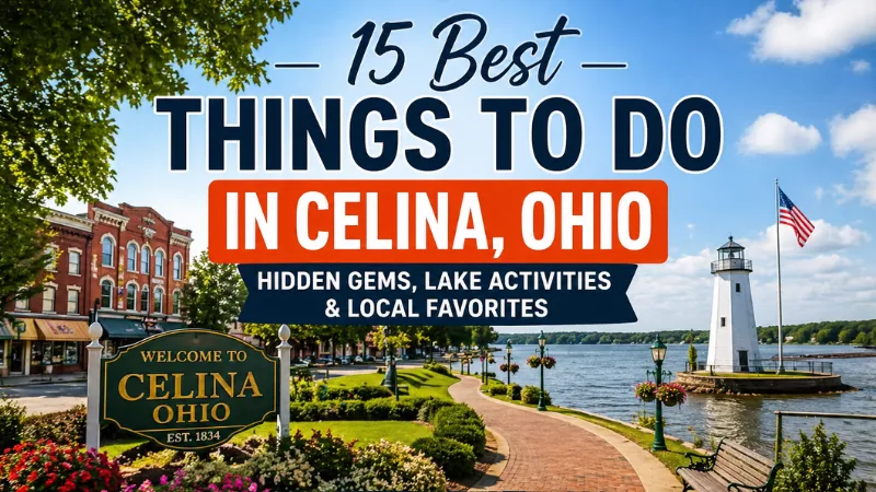 Things to do in Celina Ohio featuring Grand Lake St Marys lighthouse, downtown views, and lakeside activities