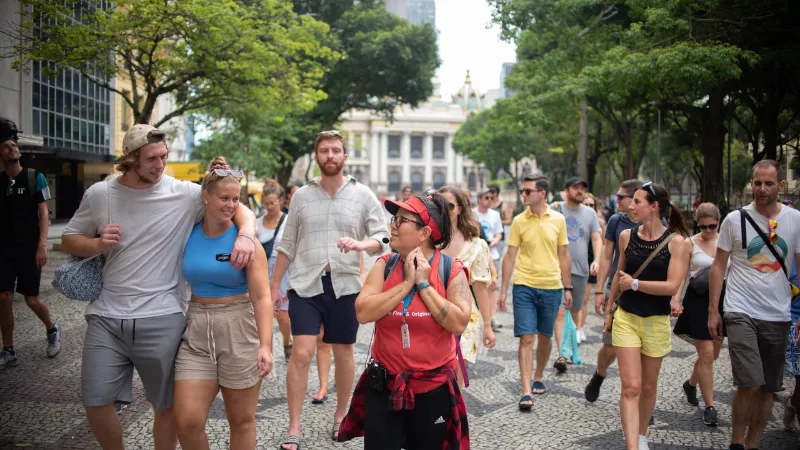 Rio downtown walking tour with tourists exploring historic streets