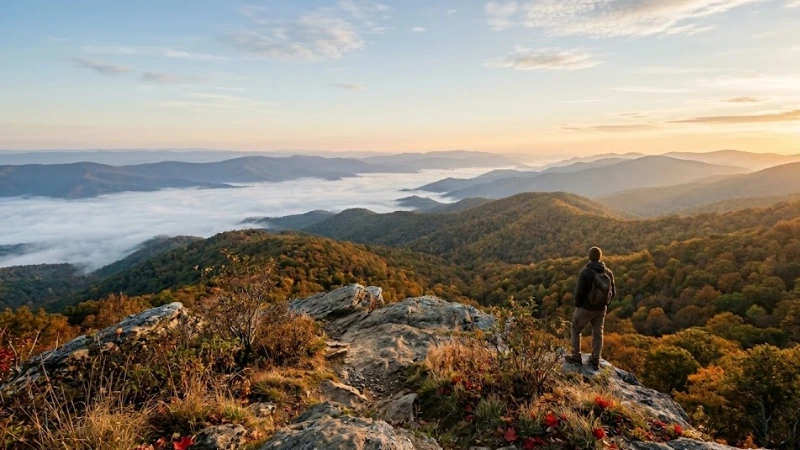 Solo hiker watching sunrise from a rocky Skyline Drive overlook above the foggy Shenandoah Valley in Luray Virginia