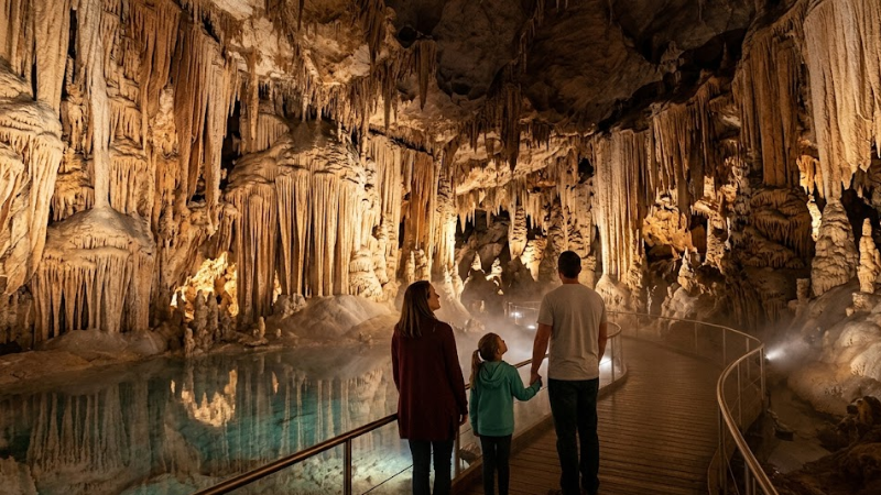 Family of three exploring the warm amber-lit chambers of Luray Caverns in Virginia at the constant 54-degree summer escape temperature