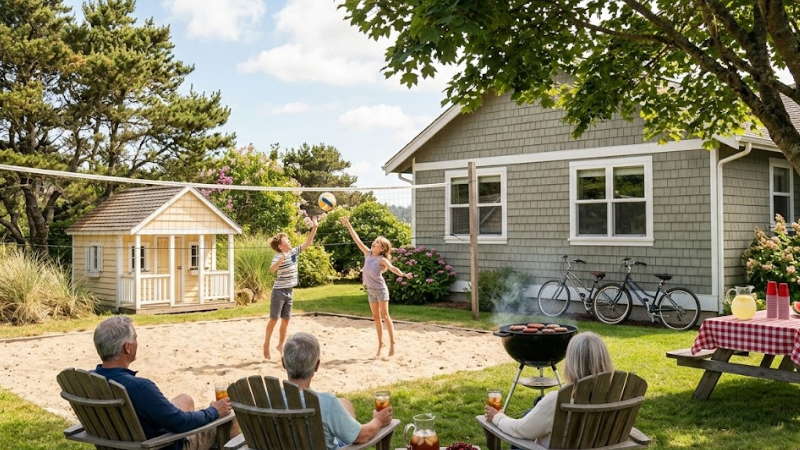 Best Cottages and Rentals in Pentwater, MI: 13 Top Picks for 2026 4 Family cottage rental backyard with kids playing volleyball in Pentwater
