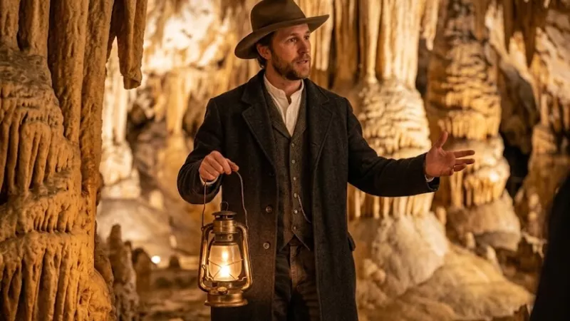 Historical interpreter dressed as an 1870s explorer leading the Discovery Tour at Luray Caverns Virginia