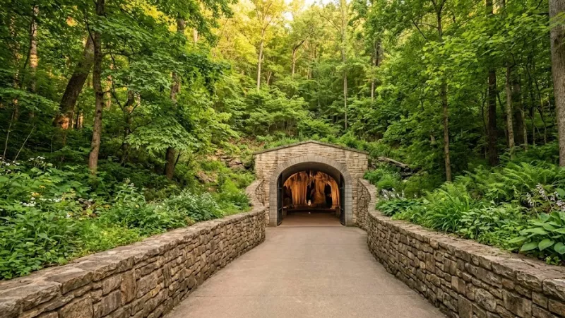 Paved step-free walking path leading down to the entrance of Luray Caverns through a wooded Virginia hillside