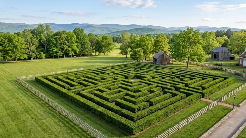 Aerial view of the evergreen Garden Maze at Luray Caverns Virginia, the largest hedge maze in the Mid-Atlantic