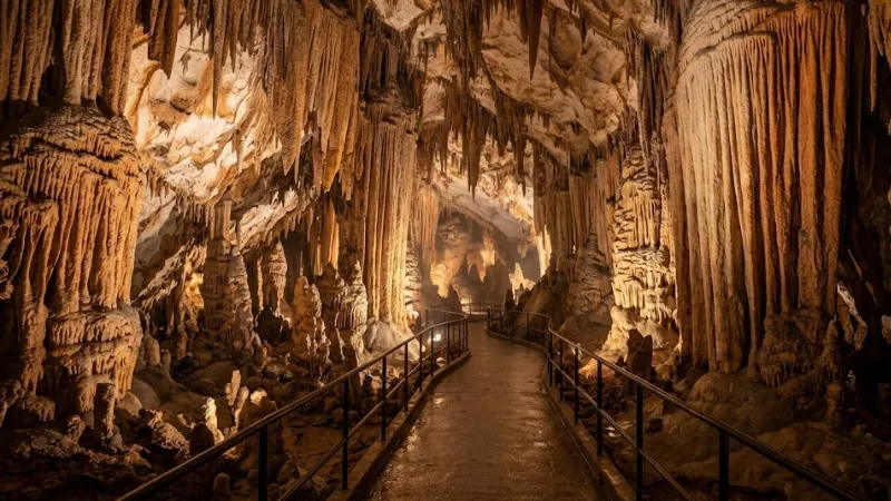 Paved walking path with handrails curving through a warmly lit limestone chamber inside Luray Caverns Virginia