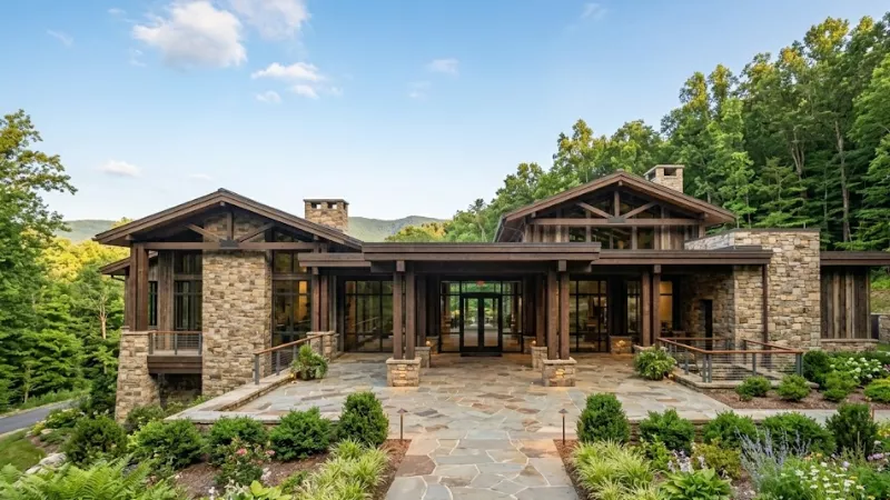 Modern stone and timber Welcome Center building at Luray Caverns Virginia where visitors purchase tickets