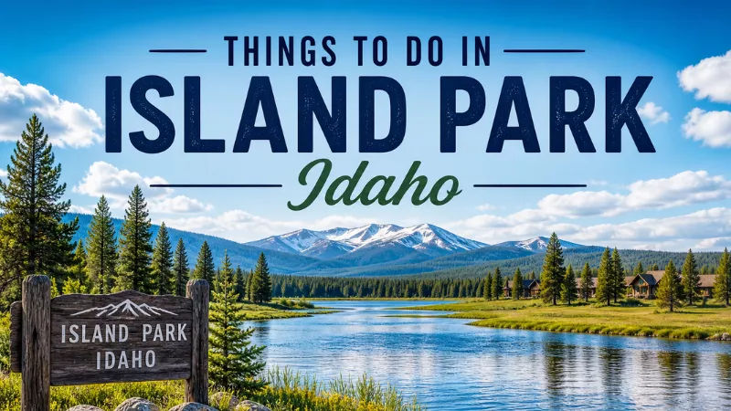 Things to do in Island Park Idaho feature image showing scenic river, mountains, forest landscape and Island Park welcome sign
