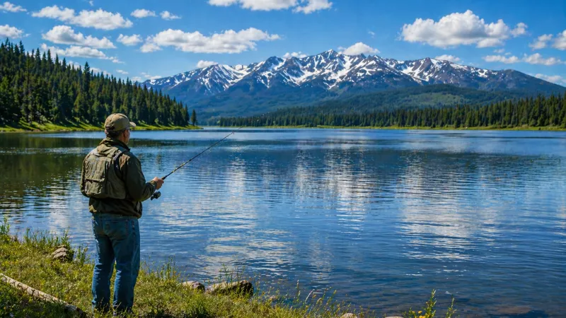 man fishing at Henry’s Lake with mountain views and calm water in Island Park Idaho
