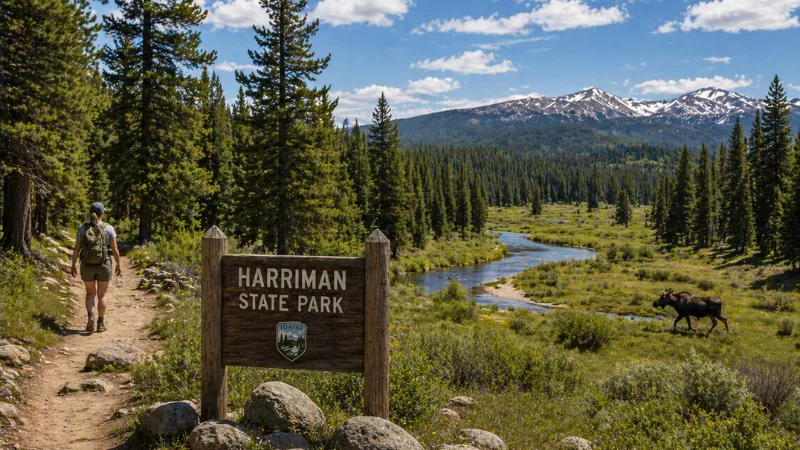 hiker walking trail in Harriman State Park with river, forest, mountains and moose in Island Park Idaho
