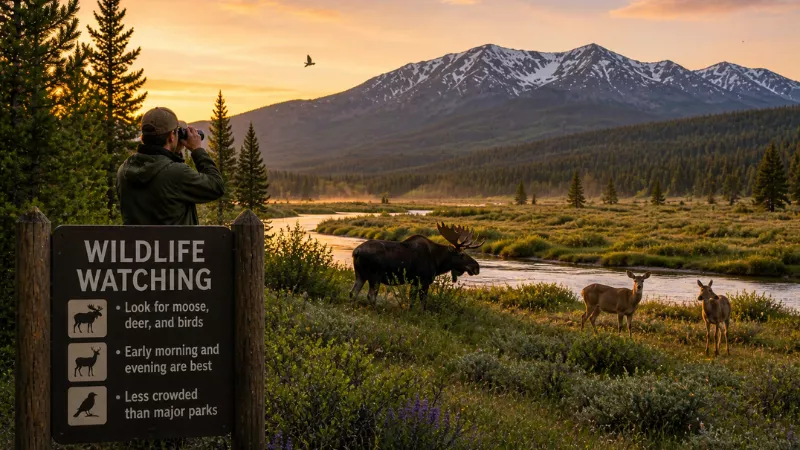 moose and deer near river with mountain landscape during sunset in Island Park Idaho
