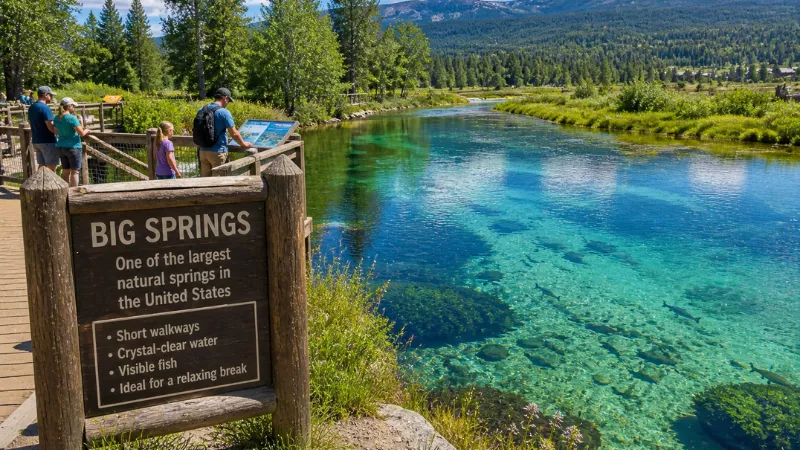 crystal clear Big Springs water with visible fish, wooden walkway and forest landscape in Island Park Idaho
