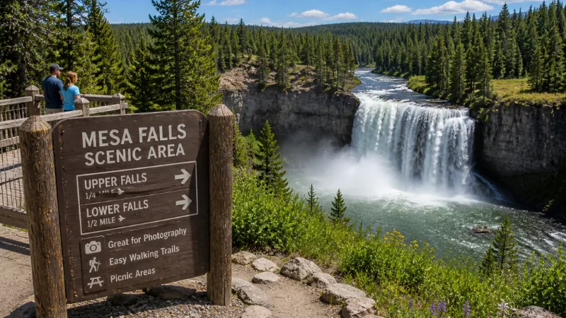 Mesa Falls waterfall with forest cliffs, river canyon and scenic viewpoint in Idaho
