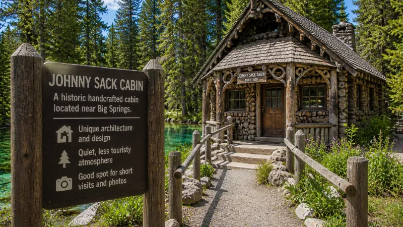Johnny Sack Cabin rustic log cabin surrounded by forest and clear water near Big Springs in Island Park Idaho
