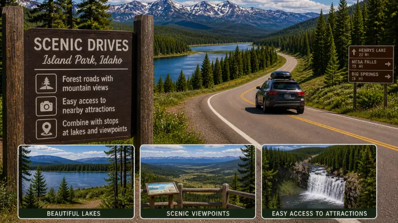 scenic mountain road through forest with lake views and car driving in Island Park Idaho
