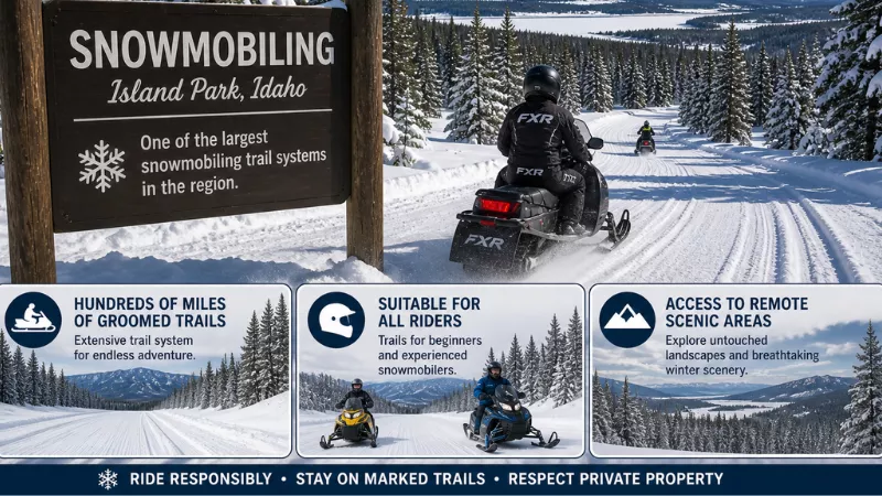 people riding snowmobiles on snowy forest trail with mountain views in Island Park Idaho
