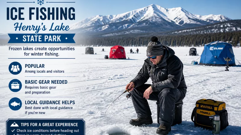 person ice fishing on frozen lake with snow covered mountains and winter landscape in Island Park Idaho
