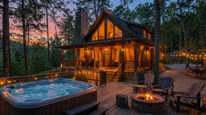 luxury cabin in Hochatown Oklahoma with hot tub and fire pit surrounded by pine forest at sunset