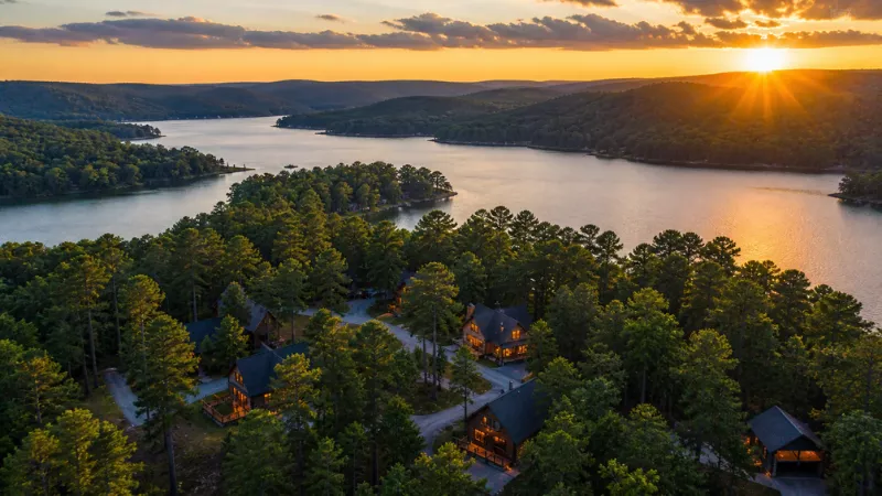 aerial view of Hochatown Oklahoma cabins near Broken Bow Lake surrounded by pine forest at sunset