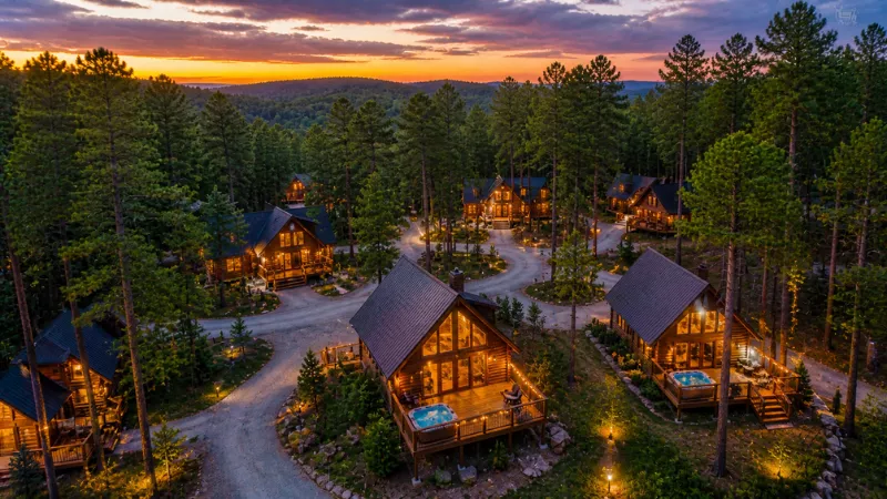 Hochatown cabin rentals aerial view surrounded by pine forest at sunset