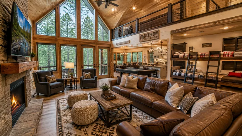 large family cabin living room in Hochatown with bunk beds and fireplace