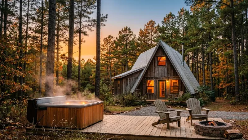Weekend in Hochatown 2 day itinerary featured cabin view at golden hour