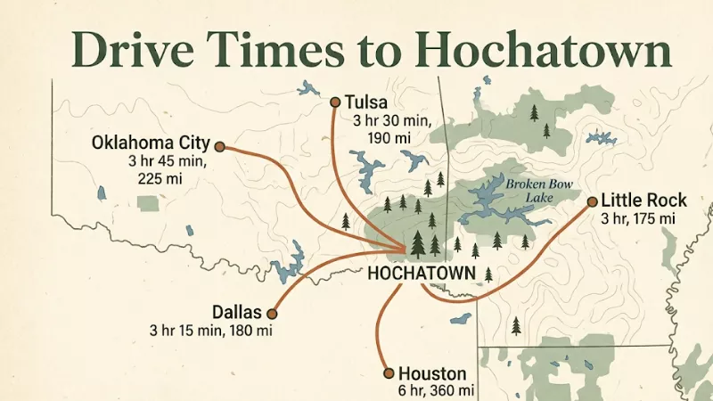 Drive times map showing routes to Hochatown from Dallas Oklahoma City Tulsa Houston and Little Rock
