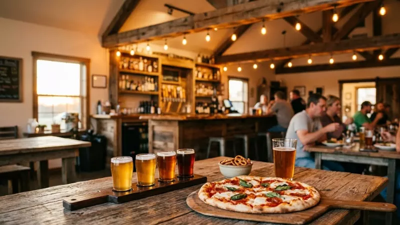 Friday dinner at Mountain Fork Brewery with beer flight and pizza in Hochatown Oklahoma