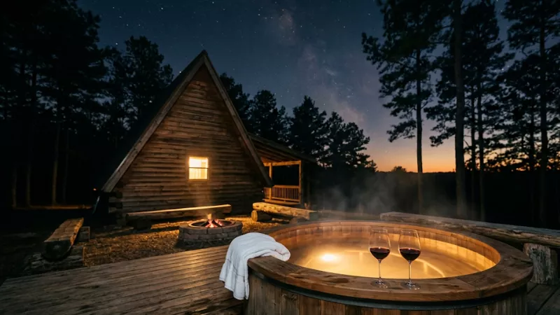 Private cabin hot tub with wine glasses under starry sky for Hochatown weekend stargazing
