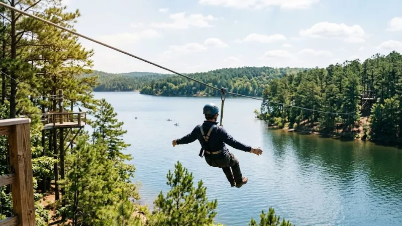Zip lining over Broken Bow Lake with Rugaru Adventures during Hochatown Saturday morning