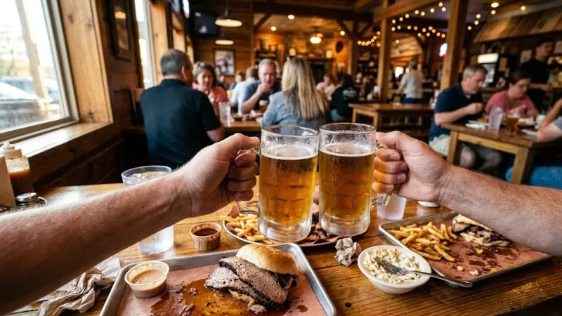 Two diners cheers beer mugs over brisket sandwich and BBQ trays at a Hochatown restaurant