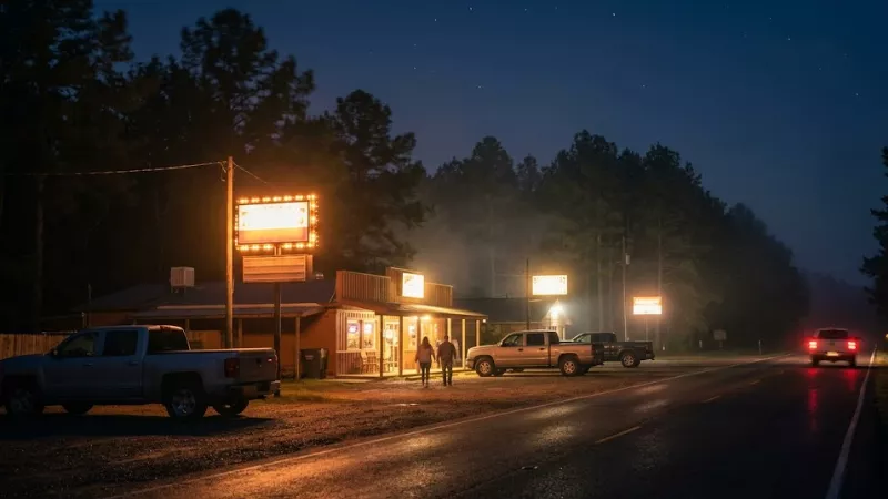Glowing restaurant signs along Highway 259 in Hochatown Oklahoma at night with pine forest backdrop
