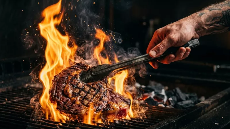 Chef flipping ribeye steak over open flames at Abendigo's Grill and Patio in Hochatown