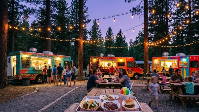 Food trucks lit up at dusk with picnic tables and string lights at Hochatown Food Park on Sailfish Road