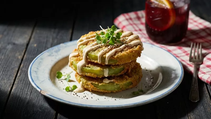 Stacked fried green tomatoes with remoulade drizzle and microgreens at The Blue Rooster in Hochatown OK