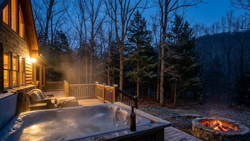 Outdoor private hot tub on a wooden cabin deck in Hochatown Oklahoma during a December evening with steam rising into cold air and bare trees in the background