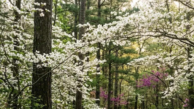 Hiking trail at Beavers Bend State Park near Hochatown Oklahoma in mid-April with white dogwood trees in peak bloom forming a canopy over the path