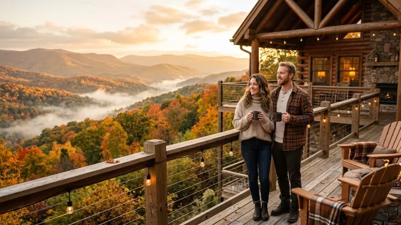 Best Cabins in Luray, VA for Shenandoah Visits (2026 Guide) 1 Couple enjoying morning coffee on wooden cabin deck overlooking Shenandoah
National Park fall foliage and misty Blue Ridge Mountains in Luray Virginia
