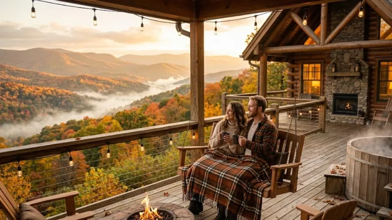 Best Cabins in Luray, VA for Shenandoah Visits (2026 Guide) 2 Romantic couple enjoying coffee on private cottage porch with mountain
views and hot tub at Blue Birch Cottage in Luray Virginia