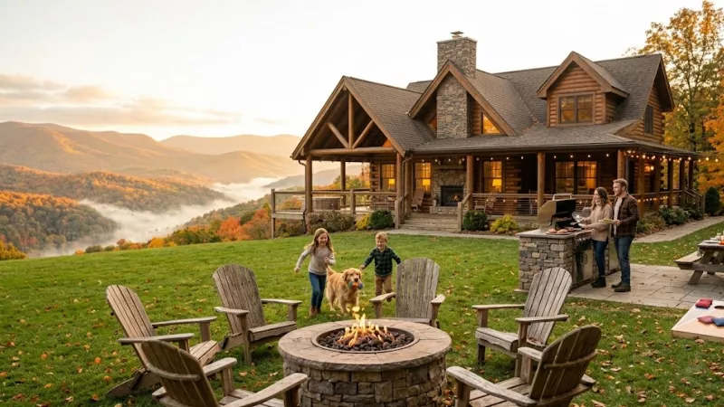 Best Cabins in Luray, VA for Shenandoah Visits (2026 Guide) 3 Happy family playing on spacious lawn outside The Alcove cabin in Luray
Virginia with firepit, grill and Shenandoah Mountain views
