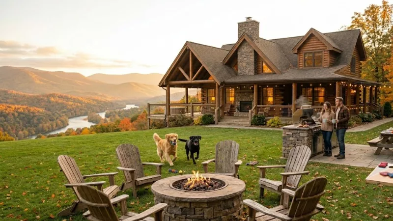 Best Cabins in Luray, VA for Shenandoah Visits (2026 Guide) 4 Two dogs running freely in open meadow at Gander Island Cabins pet-friendly
log cabin in Luray Virginia near the Shenandoah River