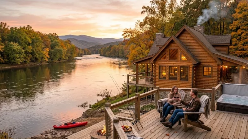 Best Cabins in Luray, VA for Shenandoah Visits (2026 Guide) 5 Couple relaxing on private deck of Woodside riverfront cabin in Luray
Virginia overlooking the Shenandoah River with kayak and fishing setup